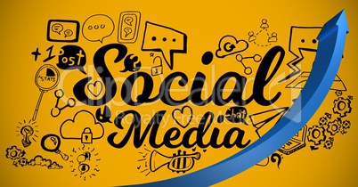 Blue arrow with black social media doodles against yellow background