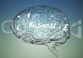 Transparent brain with white business doodles against blue green background