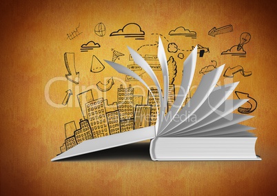 3D Book open turning pages against orange background with city illustration drawings