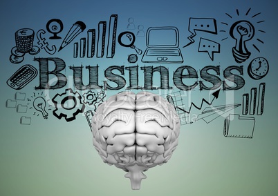 Grey brain with black business doodles against blue green background