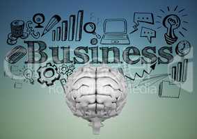 Grey brain with black business doodles against blue green background