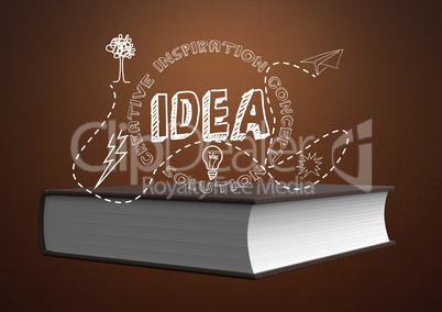 Idea illustration text in front of Book against brown background