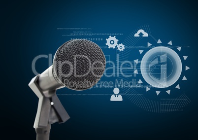 Microphone against blue background with technology interface