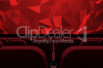 3d composition of cinema seats facing to screen with abstract shapes