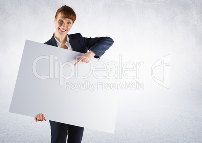 Business woman with large card against white background