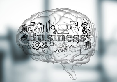 Transparent brain with black business doodles against blurry grey office