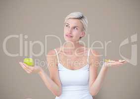 Woman choosing or deciding eating food with open palm hands