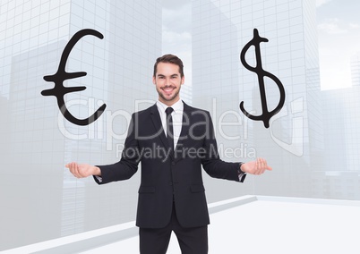 Man choosing or deciding euro or dollar currency with open palm hands