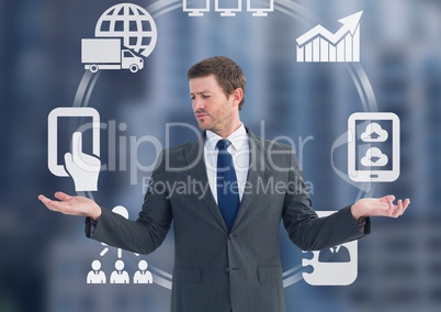 Man choosing or deciding business icons wheel with open palm hands