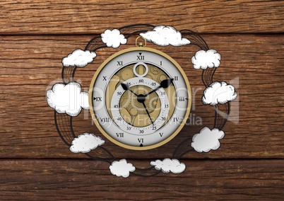 3D Clock with Cloud illustrion drawings against wood