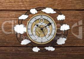 3D Clock with Cloud illustrion drawings against wood