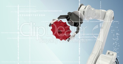 White robot claw holding red cog behind white interface against blue background