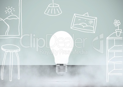 Lightbulb in fog against blue background with home room illustration drawings