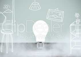 Lightbulb in fog against blue background with home room illustration drawings