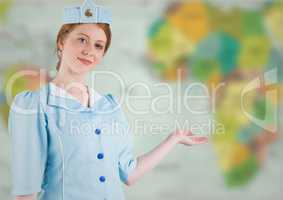 Stewardess with hand out against blurry map