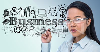 Woman with pen and black business doodles against blue background