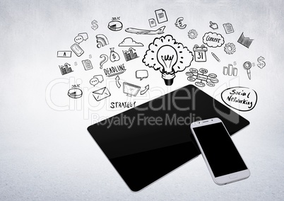 3D tablet and phone against white background with business graphic illustrations