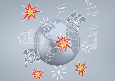 World with explosions and smoke drawings against grey background