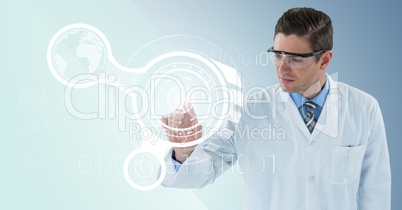 Man in lab coat and goggles pointing at white interface and flare against blue background