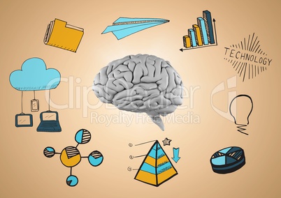 Grey brain against blue and yellow business doodles and orange background