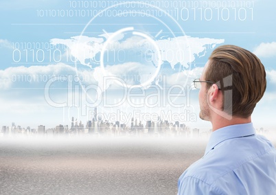 Businessman looking at City with world map
