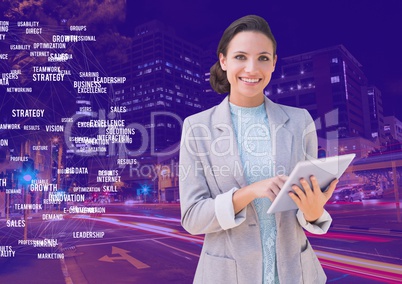 Businesswoman touching tablet against Night city with connectors
