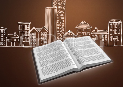 Book open against brown background with city buildings drawing graphic