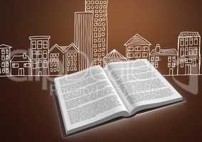 Book open against brown background with city buildings drawing graphic