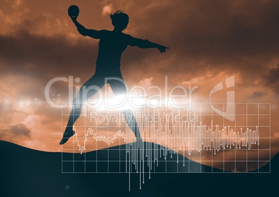 Silhouette and white graph with flare against orange sky