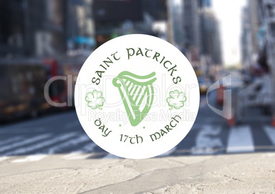 Patrick\'s Day graphic against blurry street