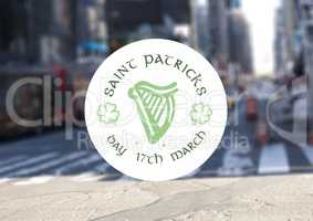 Patrick\'s Day graphic against blurry street
