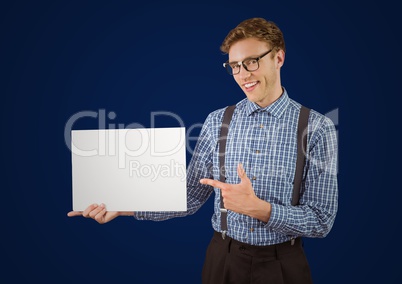 Nerd with blank card against navy background