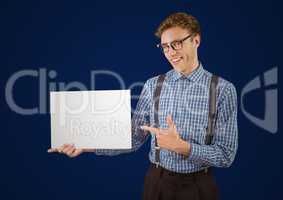 Nerd with blank card against navy background