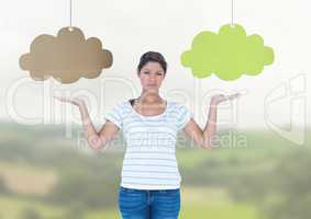 Woman choosing or deciding clouds with open palm hands