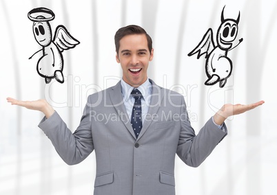Man choosing or deciding good or evil with open palm hands