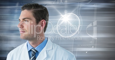 Man in lab coat against motion blur and flare