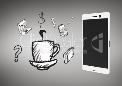 Phone against grey background with business icons graphic illustrations