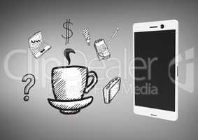 Phone against grey background with business icons graphic illustrations