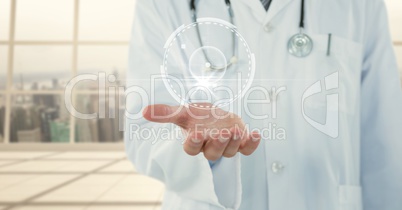 Doctor mid section with white interface and flare on hand against blurry window