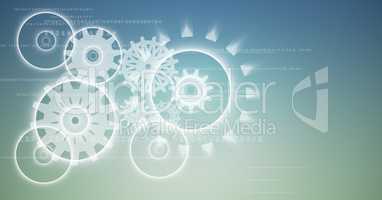 White cog graphics against blue green background