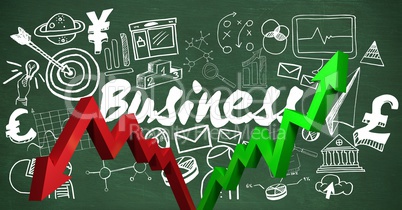 Red and green arrows with white business doodles against green chalkboard