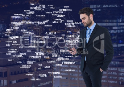 Businessman on phone against Night city with connectors