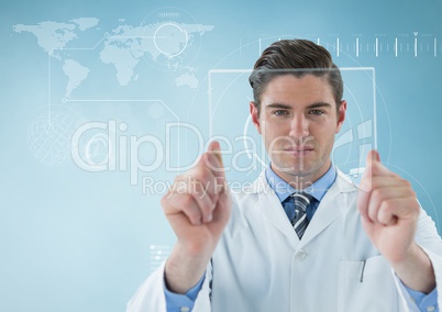 Man in lab coat holding up glass device against blue background with white interface