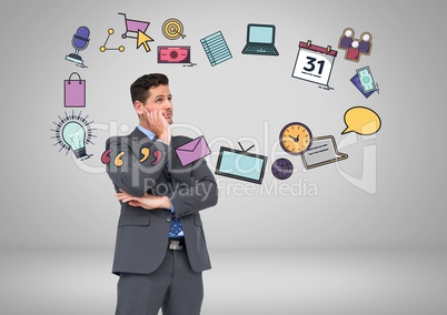 Businessman with business graphic drawings