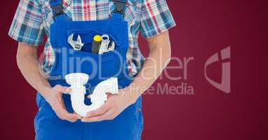 Plumber with white pipe against maroon background