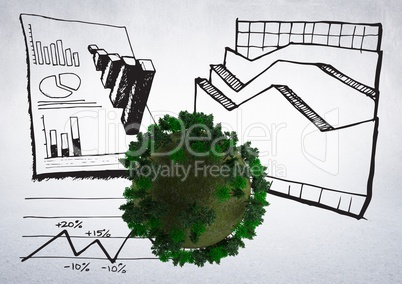 Green planet ball with statistics drawings