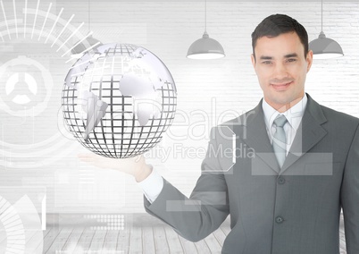 Man with open palm hand holding globe of world earth globe with interface