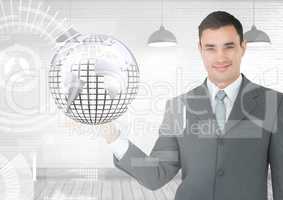 Man with open palm hand holding globe of world earth globe with interface