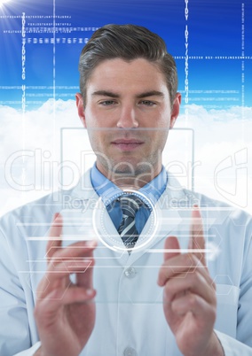 Man in lab coat holding up glass device with white interface against blue sky with cloud