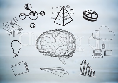 Transparent brain with black business doodles against blurry grey wood panel